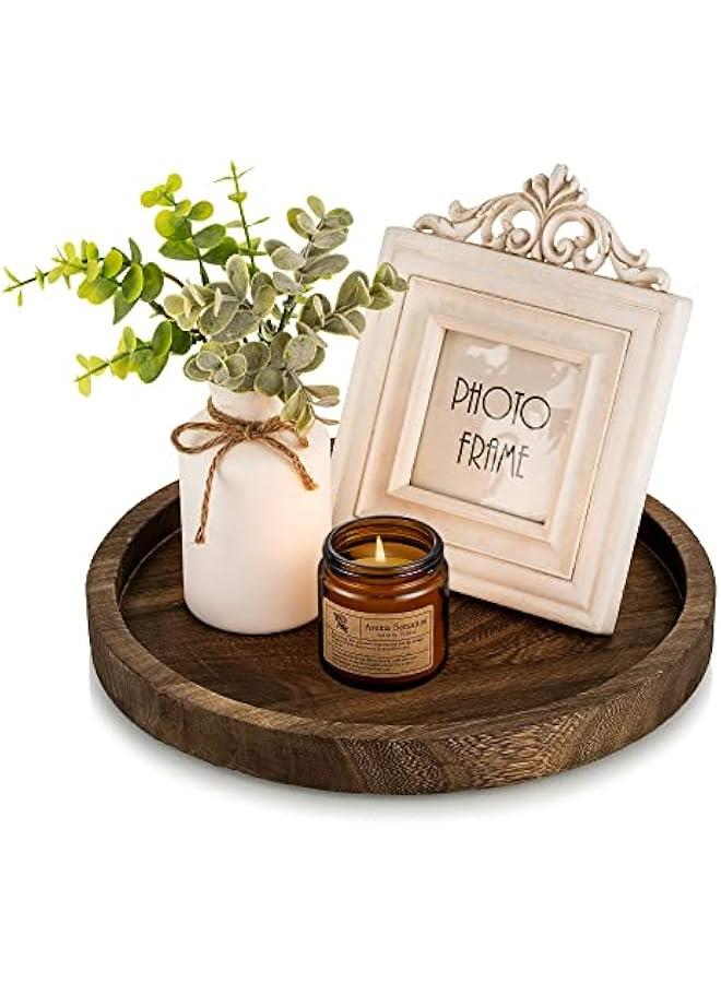 Round Wood Candle Tray: Rustic Wooden Candle Holder Distressed Pillar Stand Farmhouse Tea Light Plate Base for Living Room Coffee Table Centerpiece for Kitchen Counter Bathroom Home Decor,11.8 - Image 1