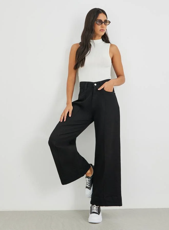 Styli Styli Solid Wide Leg Jeans with Pintuck Detail