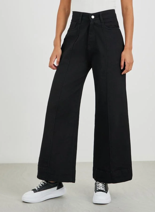 Styli Styli Solid Wide Leg Jeans with Pintuck Detail