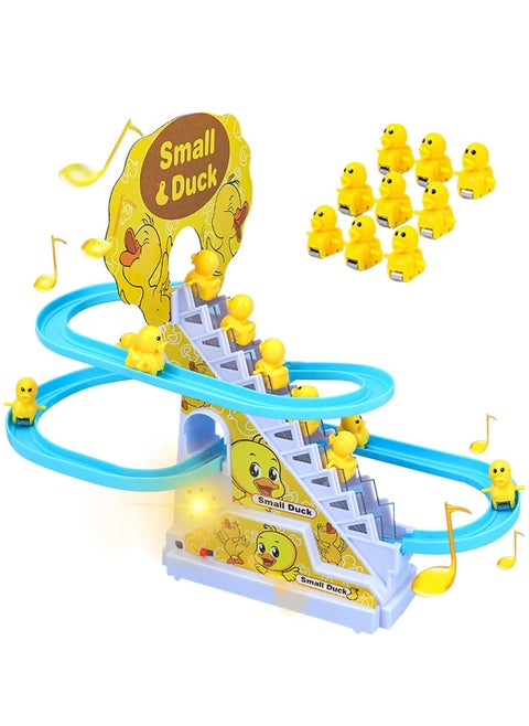 Small Duck Climbing Stairs Toy Electric Duck Roller Coaster Toy Set With LED Flashing Lights and Music Duck Track Slide Toy Race Track Set for Kids Children 9Pcs Ducks