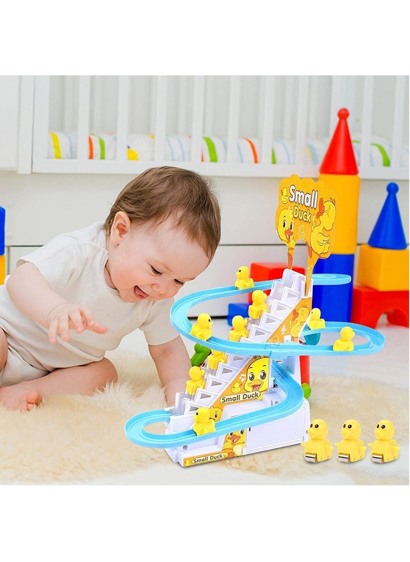 RATSAW - Small Duck Climbing Stairs Toy Electric Duck Roller Coaster Toy Set With LED Flashing Lights and Music Duck Track Slide Toy Race Track Set for Kids Children 9Pcs Ducks - Image 1