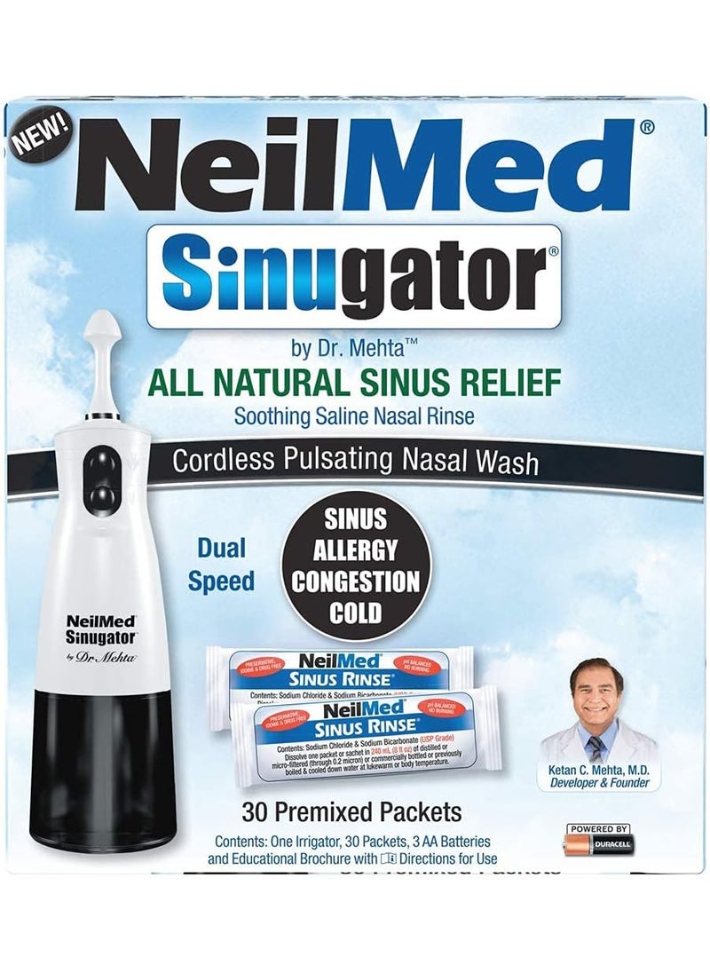 NeilMed - NeilMed Sinugator Cordless Pulsating Nasal Irrigator (Dual Speed) with 30 Premixed Packets and 3 AA Batteries - Black (Pack of 1) - Image 1