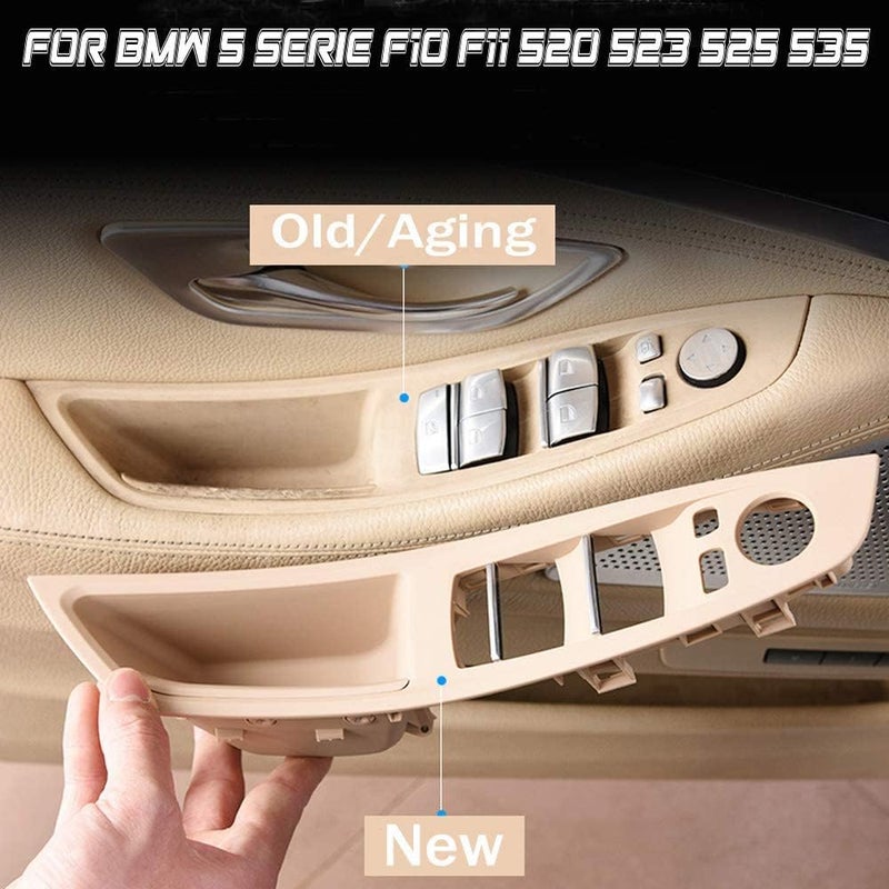 Kakulkomen مقبض الباب الجانبي لسيارات BMW الفئة 5 طرازات F10 و F11، طقم غطاء تزيين مقبض السحب الداخلي للباب، لوحة مسند الذراع مع مفتاح التحكم بالنافذة البديل لسيارات BMW 520 و 523 و 525 و 528 و 530 و 535 (لون بيج) - Image 5
