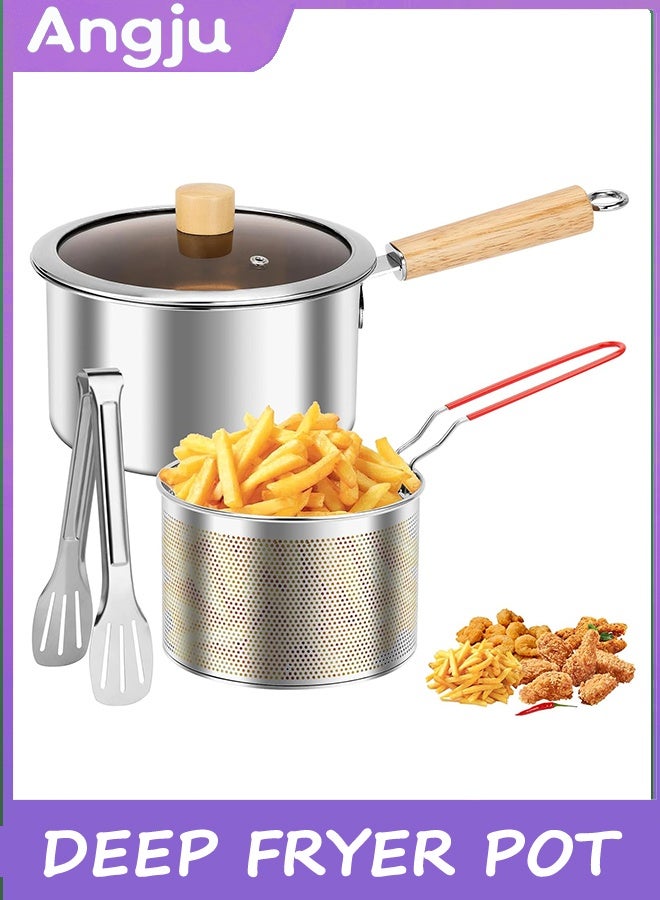 Angju Deep Fryer Pot with Basket and Handle, Stainless Steel Oil Strainer Pot with Lid, Small Tempura Deep Frying Pot, Portable Food Cooking Pot for Frying Fish Shrimp Chicken and Fries - Image 1