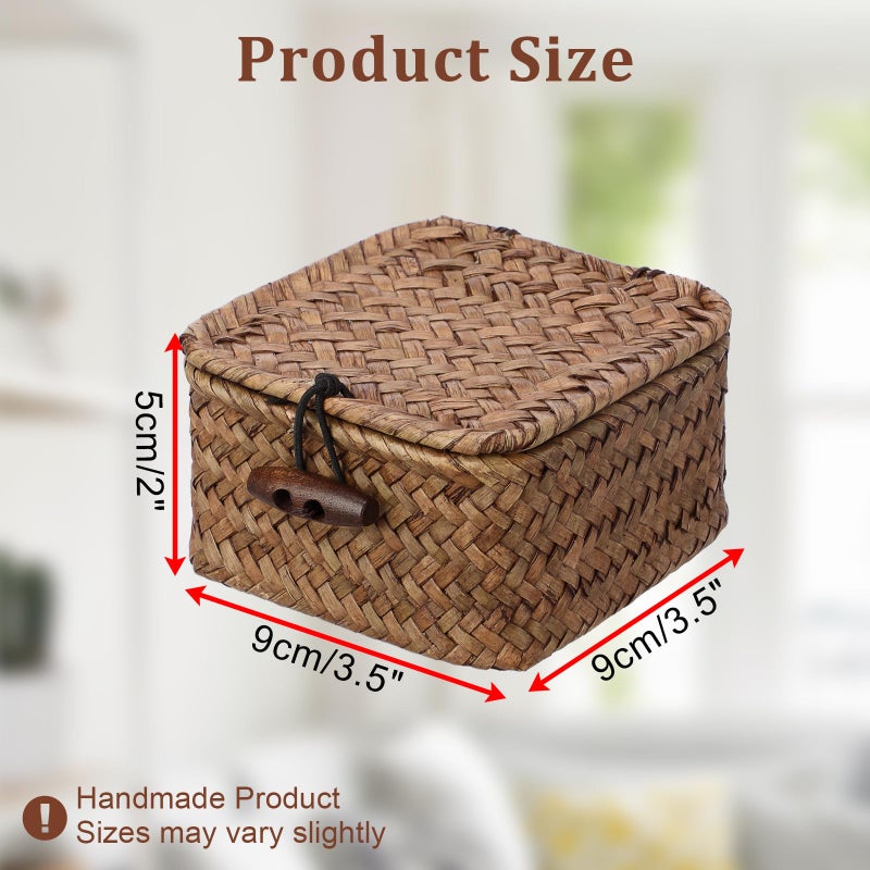 GUSHBIN Mini Seagrass Basket Handwoven Small Wicker Basket with Lid Square Portable Storage Baskets for Key Jewelry Decorative Organizer Box for Shelf, 3.5"L x 3.5"W x 2"H - Image 4