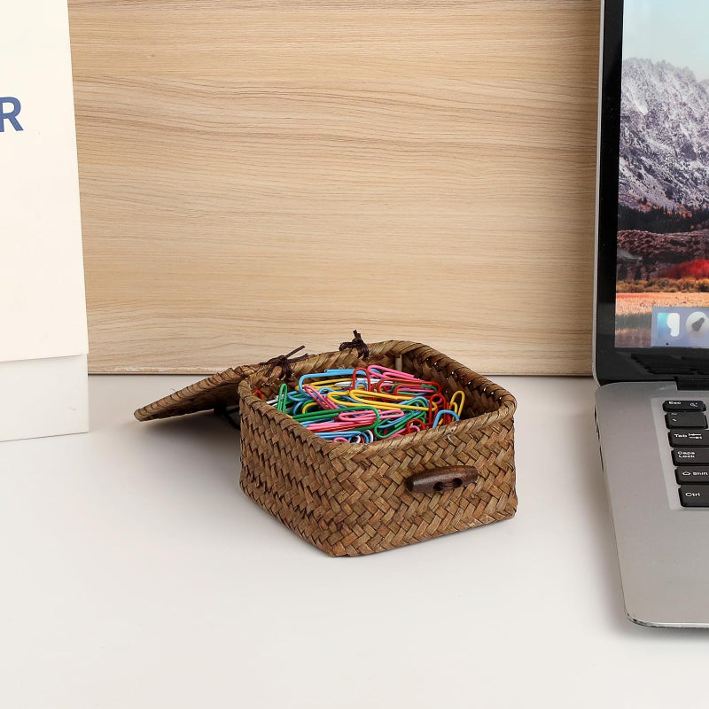 GUSHBIN Mini Seagrass Basket Handwoven Small Wicker Basket with Lid Square Portable Storage Baskets for Key Jewelry Decorative Organizer Box for Shelf, 3.5"L x 3.5"W x 2"H - Image 5