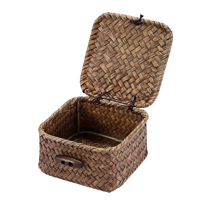GUSHBIN Mini Seagrass Basket Handwoven Small Wicker Basket with Lid Square Portable Storage Baskets for Key Jewelry Decorative Organizer Box for Shelf, 3.5"L x 3.5"W x 2"H - Image 1