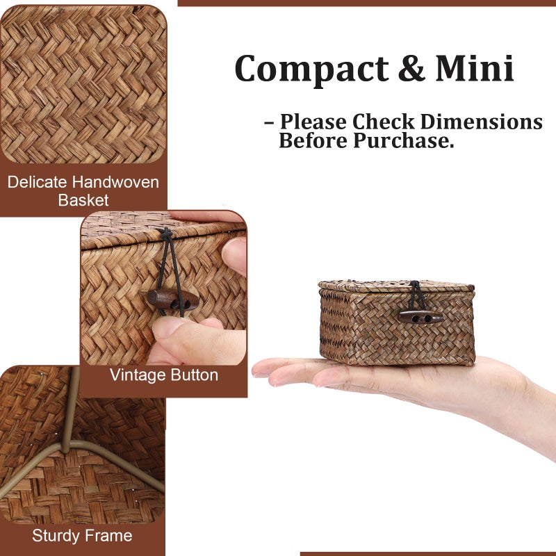 GUSHBIN Mini Seagrass Basket Handwoven Small Wicker Basket with Lid Square Portable Storage Baskets for Key Jewelry Decorative Organizer Box for Shelf, 3.5"L x 3.5"W x 2"H - Image 2