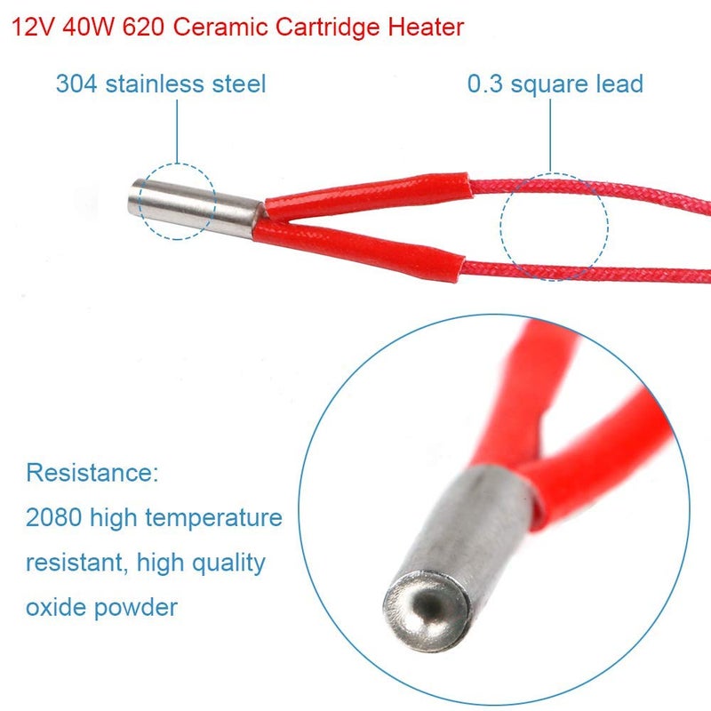REES52 5pcs Aluminum Heater Block for MK7 / MK8 3D Printer and 5pcs NTC 3950 100K Thermistor with 1 Meter Wiring and 5pcs 12V 40W 620 Ceramic Cartridge Heater for 3D Printer - Image 3