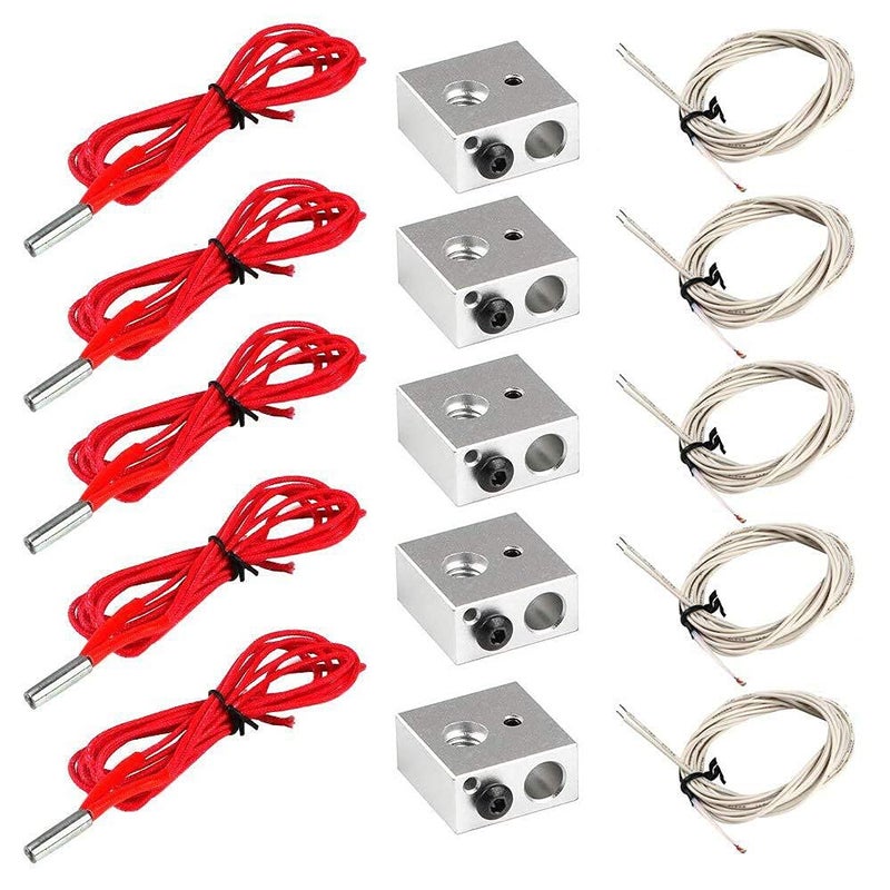 REES52 5pcs Aluminum Heater Block for MK7 / MK8 3D Printer and 5pcs NTC 3950 100K Thermistor with 1 Meter Wiring and 5pcs 12V 40W 620 Ceramic Cartridge Heater for 3D Printer - Image 1