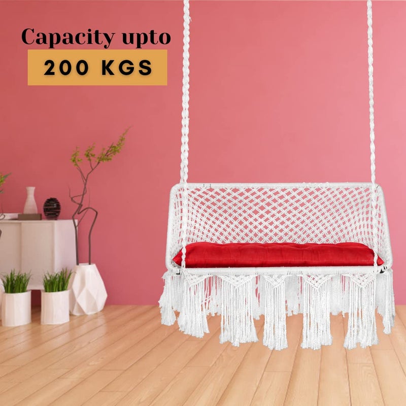 SWINGZY Polyester Large Premium Double Seater Hammock Chair For Home Indoor Outdoor GardenHanging Hammock Swing Chair For 2 PeopleJhula For Adults With Hanging Kit With Cushion White - Image 4