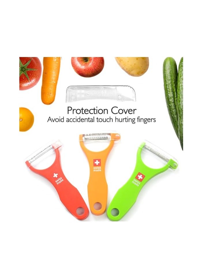 Kisag kisag Swiss Peeler Vegetable & Potato Peelers for Kitchen, Swiss Made Ergonomic Kitchen Peelers for Effortless Prep - Pack of 3 (Green + Orange + Red)  - Image 4