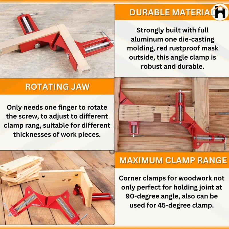 Homdum Corner Clamp 90 Degree DIY Woodworking Framing Holder Tool for Right Angle Picture Frame Clamping with one finger rotating screw jaw 4 Pack - Image 3