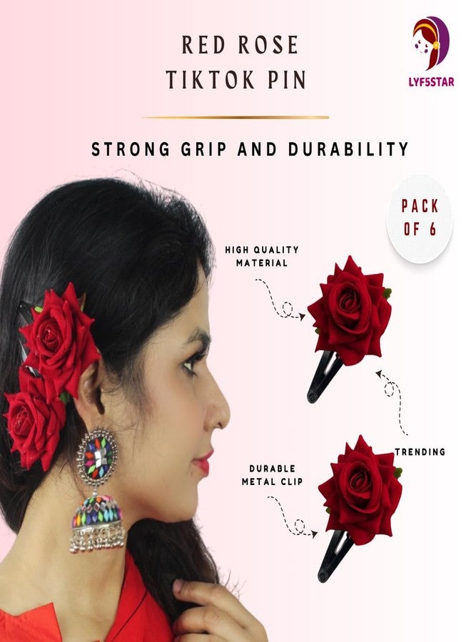 LYF5STAR Red Color Handmade Rose Tiktok, Rose Hair Accessories for Stylish Bridal Women, Elegant Wedding Hair Accessories | Pack of 4 - Image 5