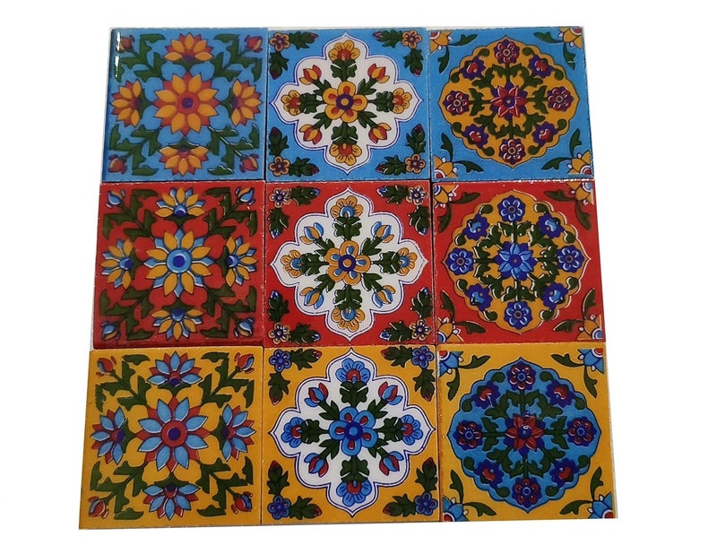 Shiv Kripa Blue Pottery Shiv Kripa Blue Pottery Home Decorative Ceramic Wall Hanging Tile Design Flooring Tiles Floral Kitchen Washroom Mosaic Furniture Tile Handmade Backsplash 2 x 2 Inches Pack of 9 Multicolor 