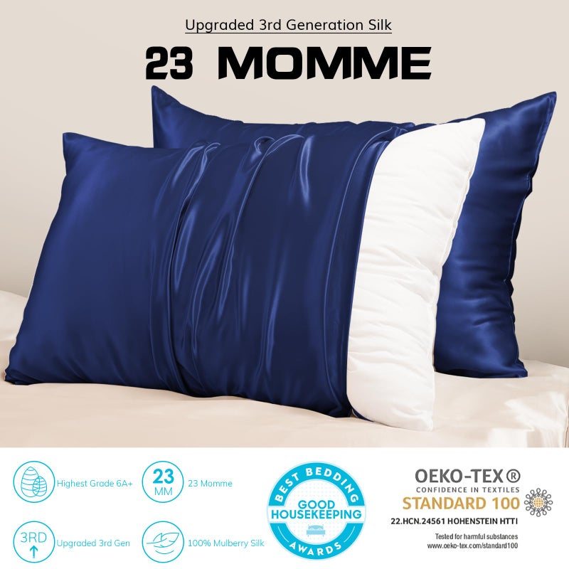 Promeed 23 وسادة حرير Momme 2pcs مجموعة وسادة الحرير التوت من 2 وسادة الحرير الناعمة للشعر والجلد (Queen 20 "" x30 "البحرية) البحرية) - Image 2