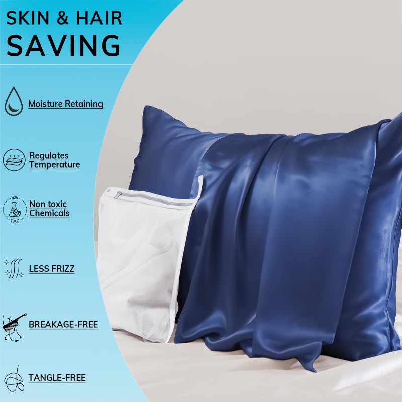 Promeed 23 وسادة حرير Momme 2pcs مجموعة وسادة الحرير التوت من 2 وسادة الحرير الناعمة للشعر والجلد (Queen 20 "" x30 "البحرية) البحرية) - Image 3