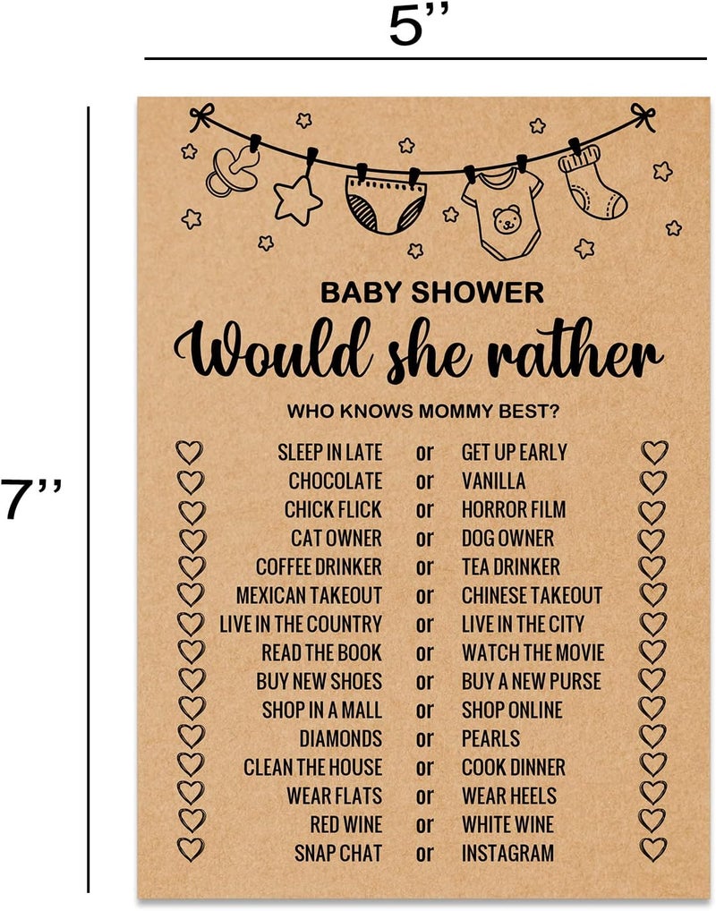 Misaidou Baby Shower Game Cards, Would She Rather Baby Shower Games Ideas, Set of 30 Cards, Rustic Bridal Wedding Showers or Bachelorette Party Game, Kraft - Image 2