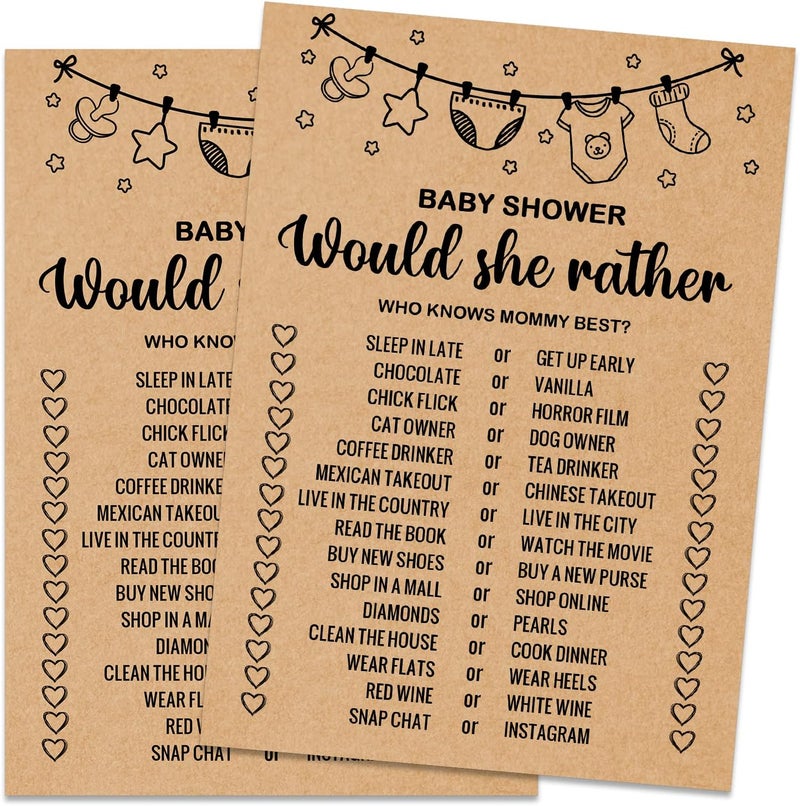 Misaidou Baby Shower Game Cards, Would She Rather Baby Shower Games Ideas, Set of 30 Cards, Rustic Bridal Wedding Showers or Bachelorette Party Game, Kraft - Image 1