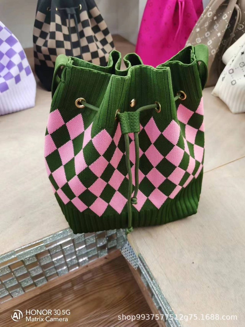 04 New Girly Drawstring Stripesd Knitted Satchel Shoulder Bag Versatile Fashion Stylish Rest Trendyy Bag Diagonal - Image 1