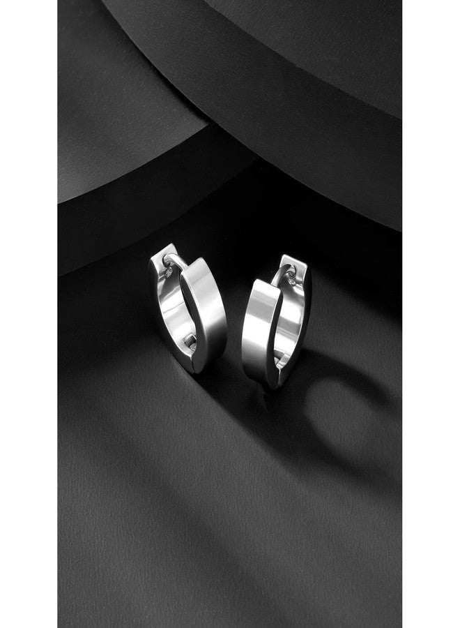 Peora Stainless Steel Silver Plated Hoop Huggie Earrings For Men - Image 2