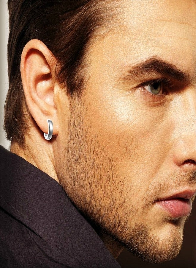 Peora Stainless Steel Silver Plated Hoop Huggie Earrings For Men - Image 3