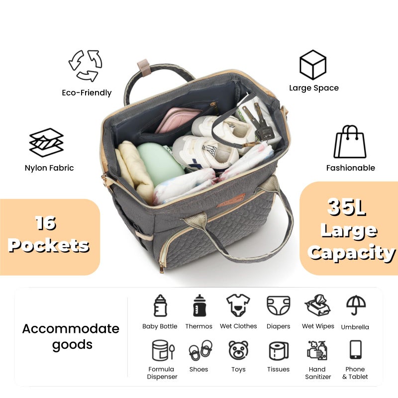 ROSEGIN Baby Diaper Bag Backpack with Changing Pad, Pacifier Case, for Boy Girl Toddler - Large, Stylish, Waterproof Travel Quilted Diaper Bag for Mom - Baby Shower Gifts - Grey - Image 2