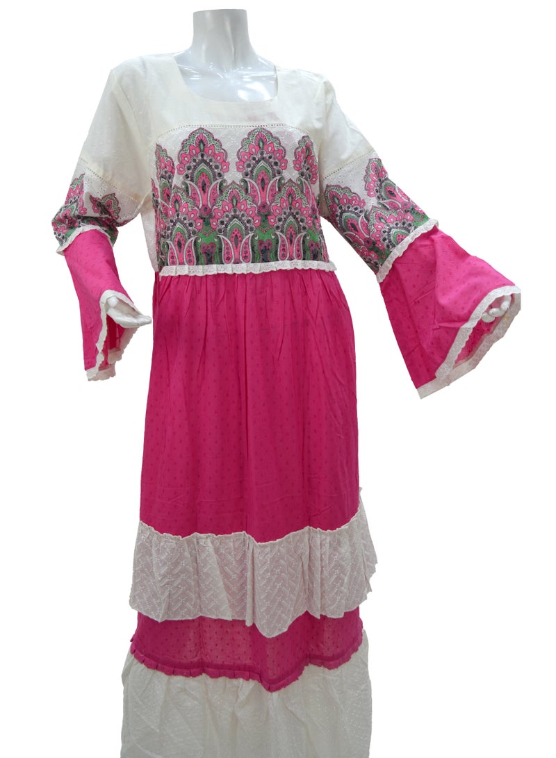 Zainah Women's Modest Cotton Jalabiya Dress - Pure Cotton, Embroidered & Printed, Wide Bottom, Bell Sleeves, Summer Casual Dress  - Image 3