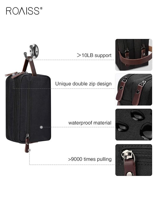 roaiss Men's Toiletry Bag, Large Capacity Travel Portable Storage Bag, Waterproof Double-Zip Makeup Bag for Business Trips, Multi-Functional Hanging Handheld Toiletry Organizer, Black - Image 2