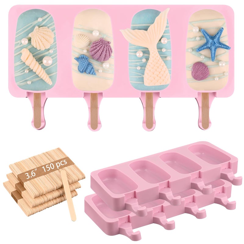 Sakolla Homemade Popsicle Silicone Molds Set, 3 PCS Ice Cream Molds with 150 Wooden Sticks for Cake Pop Ice Pop Cakesicles (Large/Pink) - Image 1