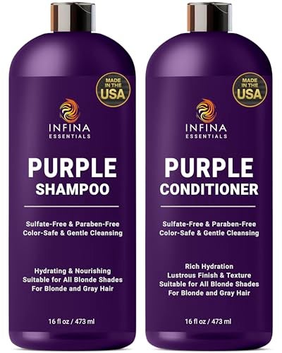 INFINA ESSENTIALS Purple Shampoo and Conditioner Set - Sulfate Free, Enriched with Coconut Oil & Aloe Vera, Ideal for Blonde, Gray, Brassy & Color Treated Hair, Nourishes & Hydrates - 16 fl oz each - Image 1