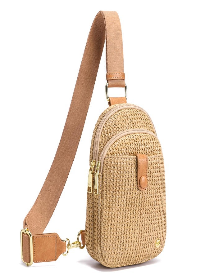 AOCINA RFID Straw Summer Purses for Women 2025 Woven Sling Bag Fanny Packs Cross body for Everyday Beach Travel Vacation Essentials(Front Button with Pure Strap Khaki) - Image 1