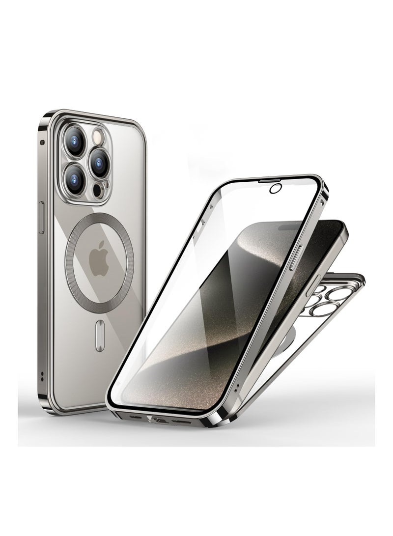 SYOSI Double-Sided Magnetic for iPhone 15 Pro Max Case, Full-Coverage Protective Case for iPhone 15 Pro Max with Metal Glass Screen Protector Buckle and Camera Lens Protector - Natural Titanium - Image 1