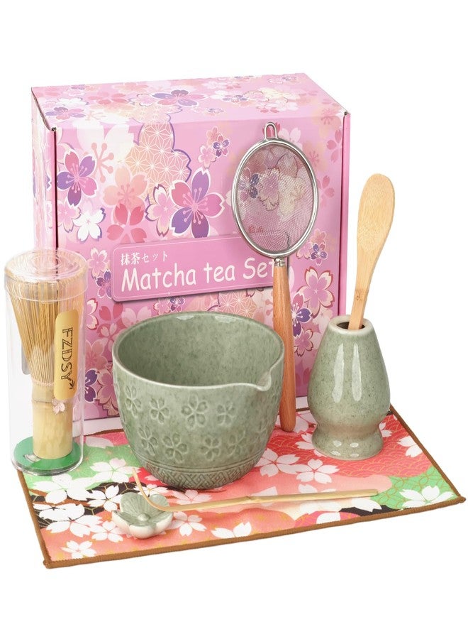 FZDSY Sakura Matcha Whisk Set, 8 PCS Japanese-Style Matcha Kit with Cherry Blossom Matcha Bowl, Bamboo Whisk & Holder, Scoop, Spoon Rest, Wooden-Handle Sifter & Gift Box for Matcha Lovers (Mottled Green) - Image 1