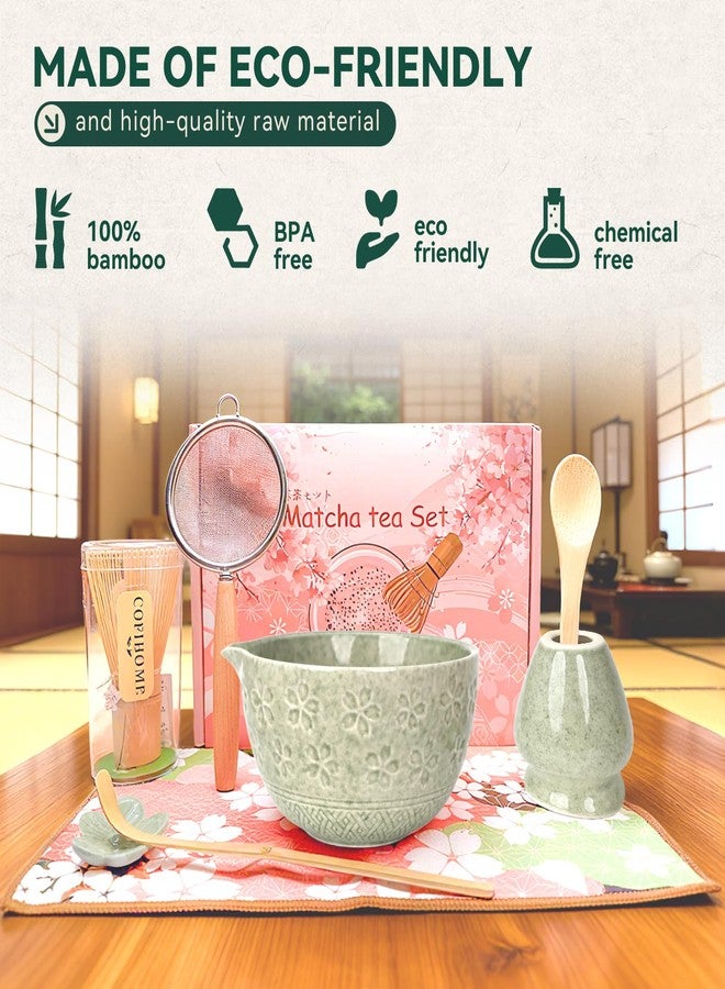 FZDSY Sakura Matcha Whisk Set, 8 PCS Japanese-Style Matcha Kit with Cherry Blossom Matcha Bowl, Bamboo Whisk & Holder, Scoop, Spoon Rest, Wooden-Handle Sifter & Gift Box for Matcha Lovers (Mottled Green) - Image 3