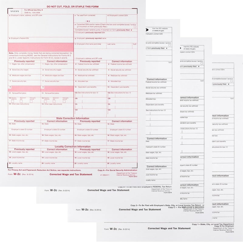 Dutymark W-2C Tax Forms 4-Part Set, Corrected Wage and Tax Statement, 25 Pack - Image 1
