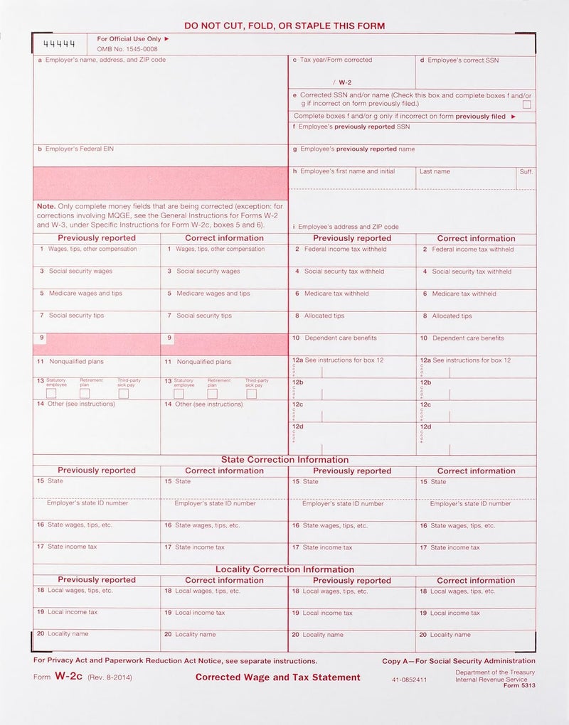 Dutymark W-2C Tax Forms 4-Part Set, Corrected Wage and Tax Statement, 25 Pack - Image 2