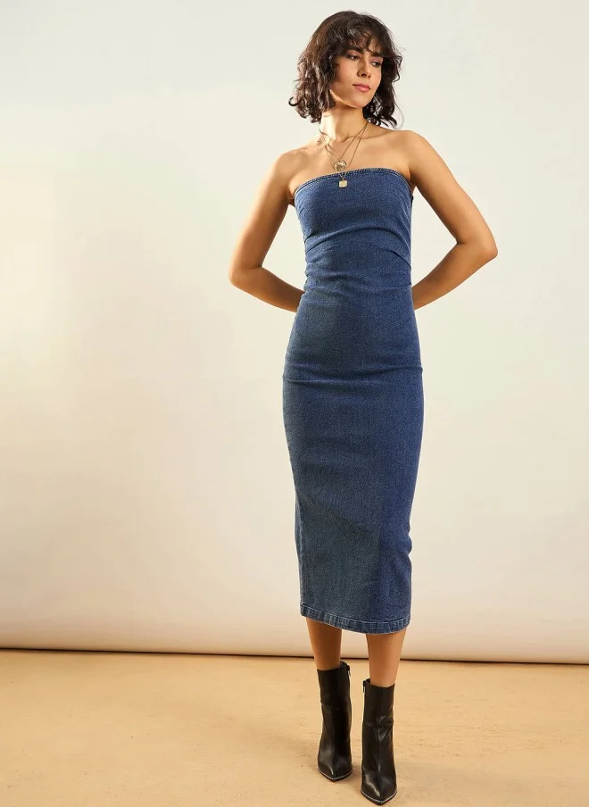 SASSAFRAS Blue Strapless Denim Bodycon Midi Dress for Women