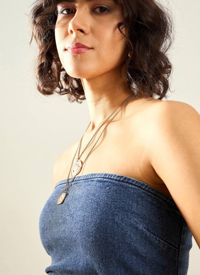 ساسافراس فستان ميدي ضيق بدون حمالات من الدنيم للنساء - Image 3