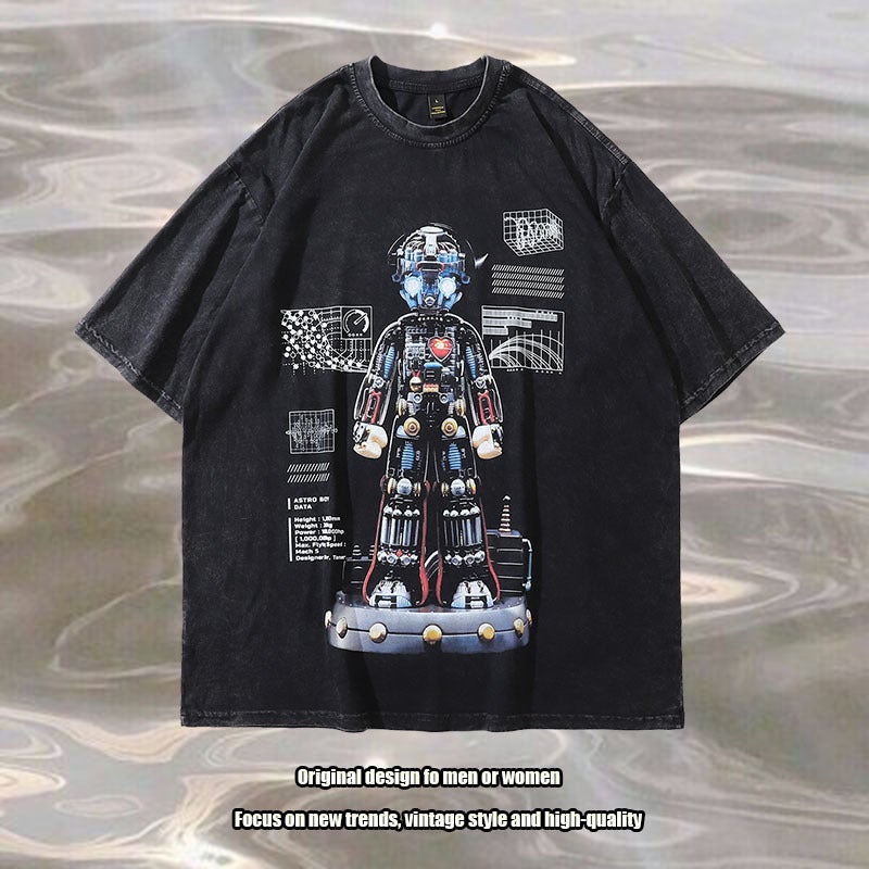 Heavy Cotton Vintage Cartoon Printed Washed Old Short-Sleeved T-Shirt Men'S American-Style Hip-Hop Half-Sleeved Tee - Image 2