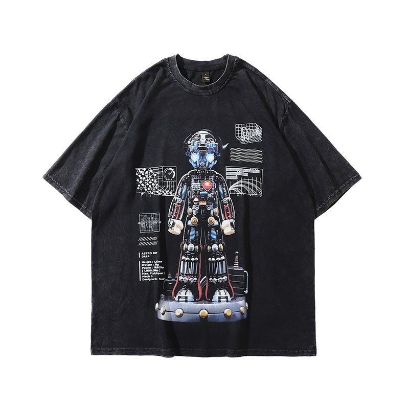 Heavy Cotton Vintage Cartoon Printed Washed Old Short-Sleeved T-Shirt Men'S American-Style Hip-Hop Half-Sleeved Tee - Image 3