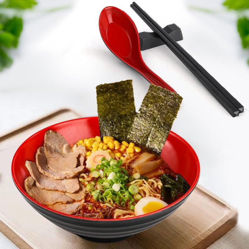 Lyellfe 16 Pieces Ramen Bowl Set Restaurant Quality Soup Bowl 33 Oz Melamine Dinnerware with Spoons Chopsticks and Stands for Udon Soba Pho - Image 5