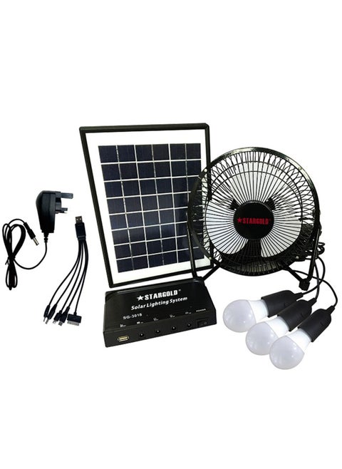 Solar Lighting System 6W Solar Panel 3LED Bulbs With 5W Fan 5 In 1 Charging Cable Control Box With Built In Battery