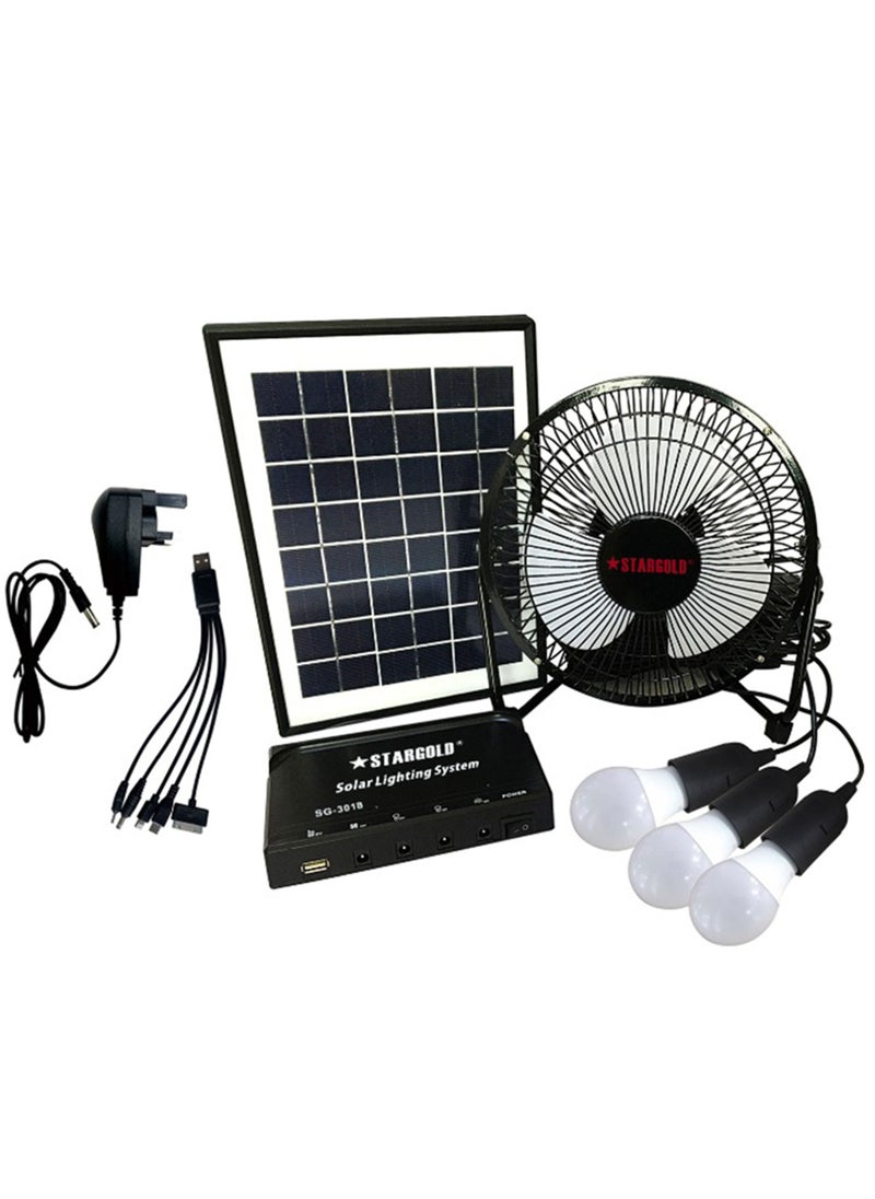 Stargold - Solar Lighting System 6W Solar Panel 3LED Bulbs With 5W Fan 5 In 1 Charging Cable Control Box With Built In Battery - Image 1