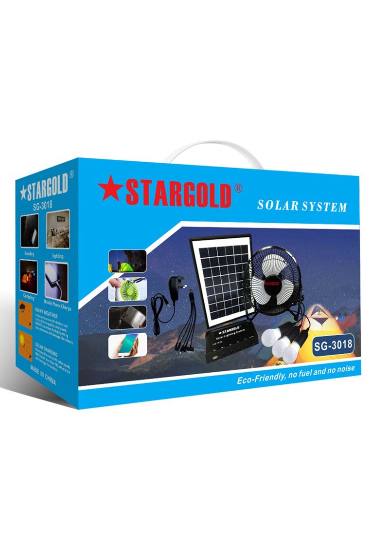 Stargold - Solar Lighting System 6W Solar Panel 3LED Bulbs With 5W Fan 5 In 1 Charging Cable Control Box With Built In Battery - Image 1