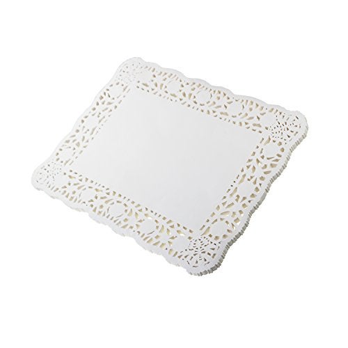 LJY 100 Pieces White Lace Rectangle Paper Doilies Cake Packaging Pads Wedding Tableware Decoration (12" x 16") - Image 1