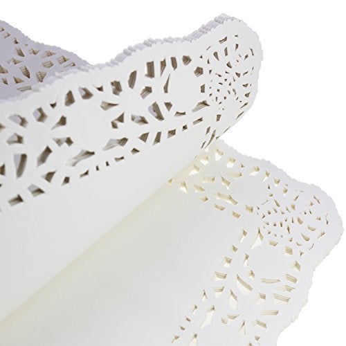 LJY 100 Pieces White Lace Rectangle Paper Doilies Cake Packaging Pads Wedding Tableware Decoration (12" x 16") - Image 3