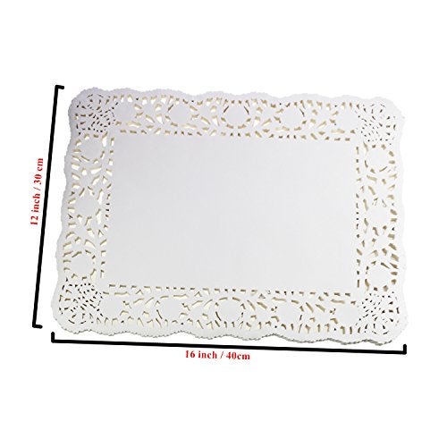 LJY 100 Pieces White Lace Rectangle Paper Doilies Cake Packaging Pads Wedding Tableware Decoration (12" x 16") - Image 2