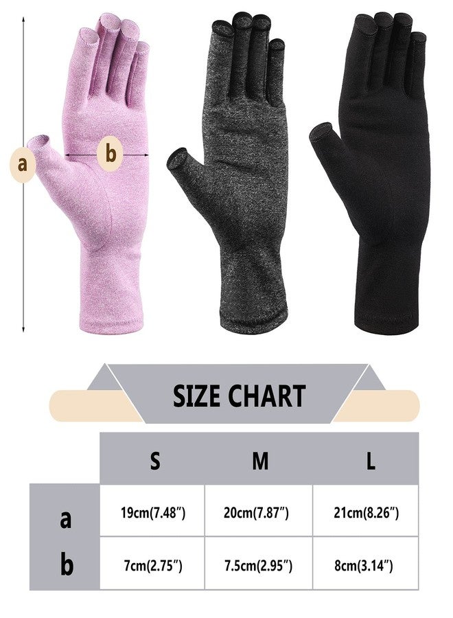 Geyoga 3 Pairs Compression Arthritis Gloves for Women Men Craft Fingerless Gloves Carpal Tunnel Pain Relief for Typing(M,Black, Gray, Purple) - Image 4