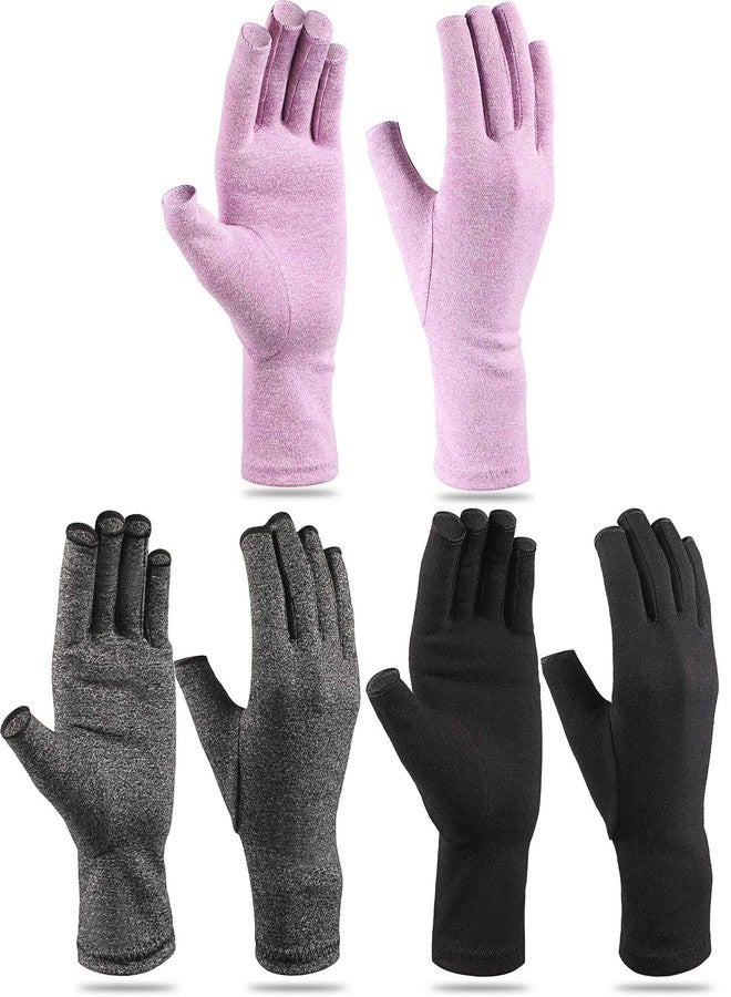 Geyoga 3 Pairs Compression Arthritis Gloves for Women Men Craft Fingerless Gloves Carpal Tunnel Pain Relief for Typing(M,Black, Gray, Purple) - Image 1